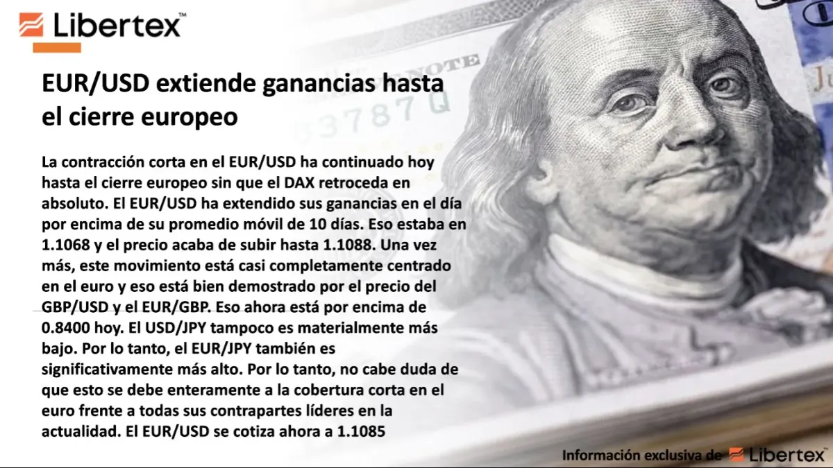 Pantalla con texto sobre el par de divisas EUR/USD y su movimiento en el mercado forex Pantalla con texto sobre el par de divisas EUR/USD y su movimiento en el mercado forex