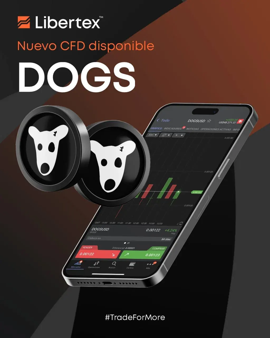 Publicidad de Libertex en español sobre un nuevo CFD de DOGS mostrando un teléfono con gráficos de trading Publicidad de Libertex en español sobre un nuevo CFD de DOGS mostrando un teléfono con gráficos de trading