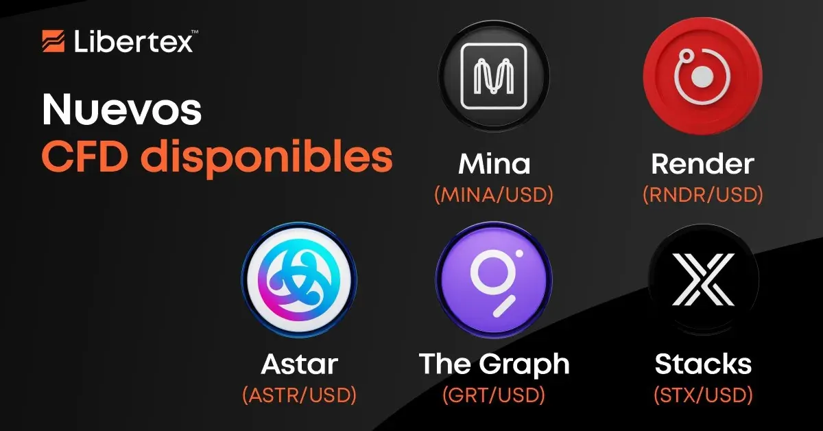 Banner de Libertex anunciando nuevos CFD disponibles sobre criptomonedas como Mina, Render, Astar, The Graph y Stacks Banner de Libertex anunciando nuevos CFD disponibles sobre criptomonedas como Mina, Render, Astar, The Graph y Stacks