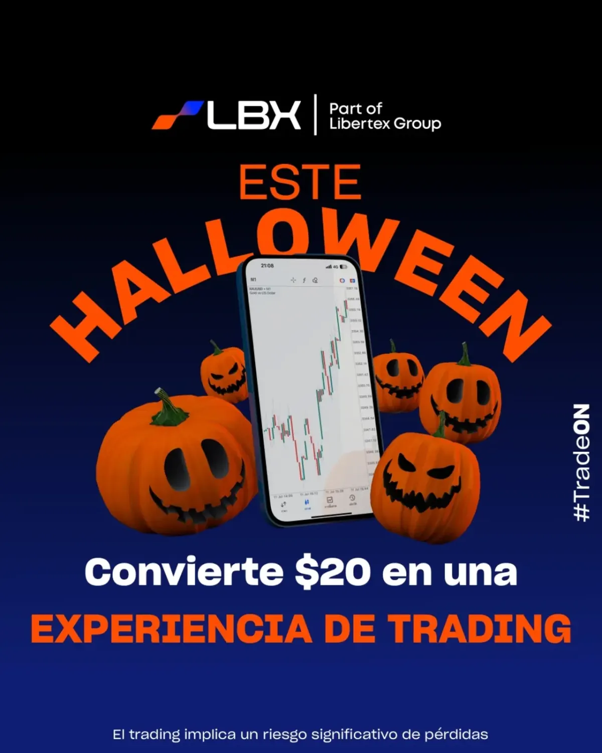 Foto promocional con el texto «Convierte $20 en una experiencia de trading» relacionada con práctica en cuenta demo