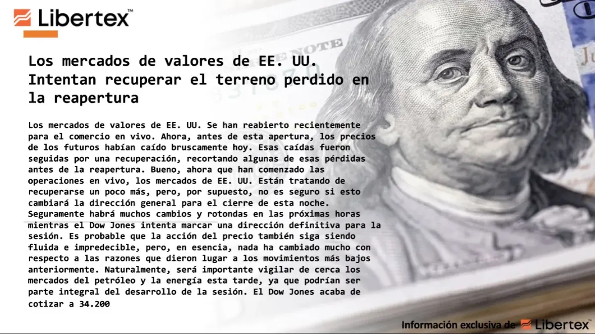 Pantalla de plataforma Libertex con comentario sobre los mercados de valores de EE. UU. en sesión de trading en vivo Pantalla de plataforma Libertex con comentario sobre los mercados de valores de EE. UU. en sesión de trading en vivo