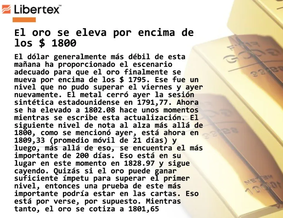 Pantalla de plataforma Libertex con análisis en español sobre el oro superando los 1800 dólares Pantalla de plataforma Libertex con análisis en español sobre el oro superando los 1800 dólares