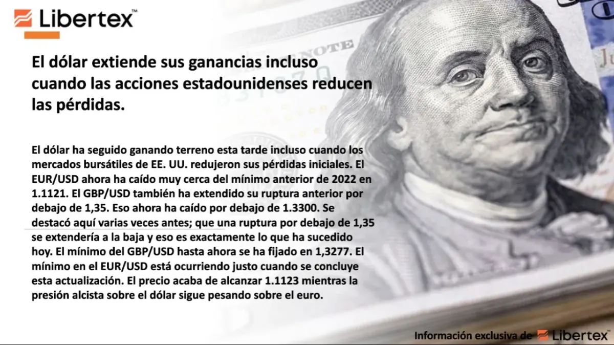 Pantalla con noticia financiera sobre la fortaleza del dólar frente al euro y la libra en el mercado de divisas Pantalla con noticia financiera sobre la fortaleza del dólar frente al euro y la libra en el mercado de divisas