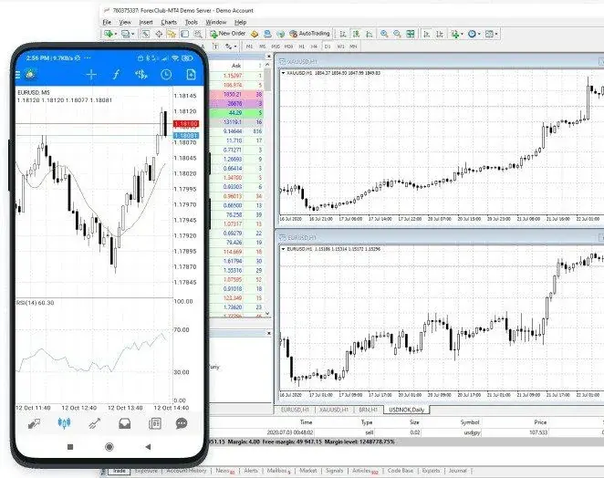 Captura de pantalla de una plataforma de trading de Forex con datos de precios y una cuenta demo abierta Captura de pantalla de una plataforma de trading de Forex con datos de precios y una cuenta demo abierta