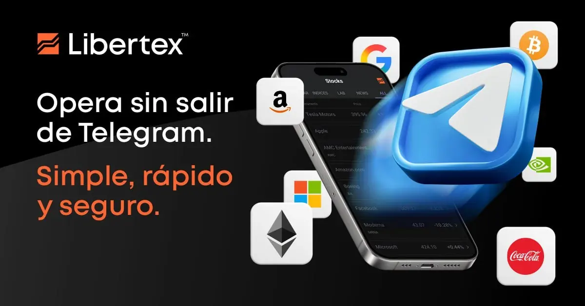 Banner de Libertex con texto sobre operar sin salir de Telegram, simple, rápido y seguro