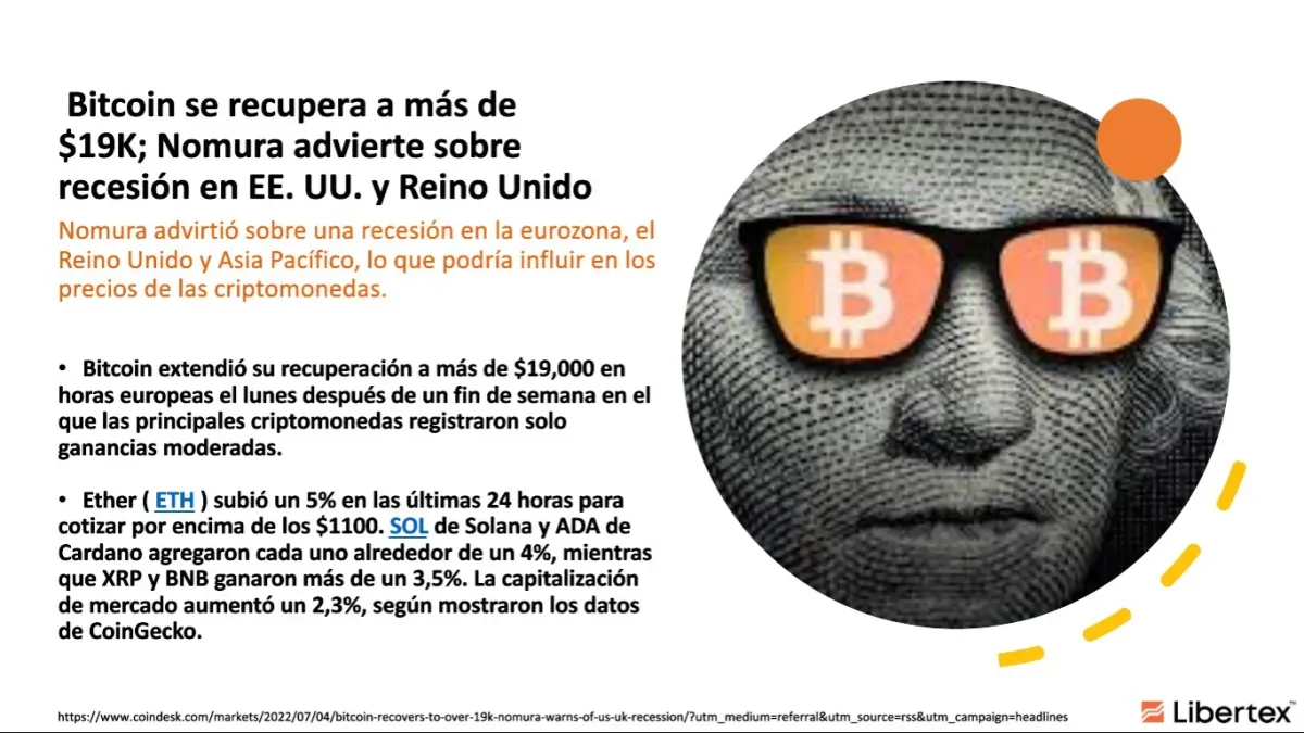 Titular de noticias financieras sobre la recuperación de bitcoin y advertencias de recesión en EE. UU. y Reino Unido Titular de noticias financieras sobre la recuperación de bitcoin y advertencias de recesión en EE. UU. y Reino Unido