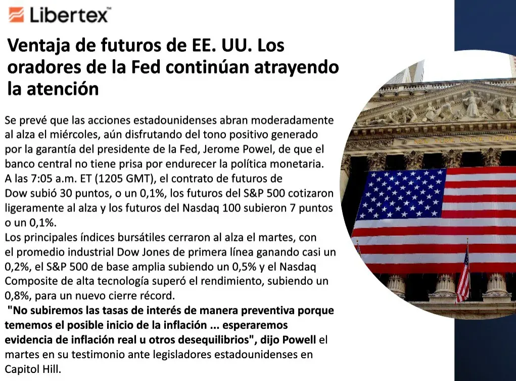 Pantalla de plataforma Libertex con noticia sobre futuros de acciones de EE. UU. y comentarios de la Fed, relacionada con operar en mercados reales Pantalla de plataforma Libertex con noticia sobre futuros de acciones de EE. UU. y comentarios de la Fed, relacionada con operar en mercados reales