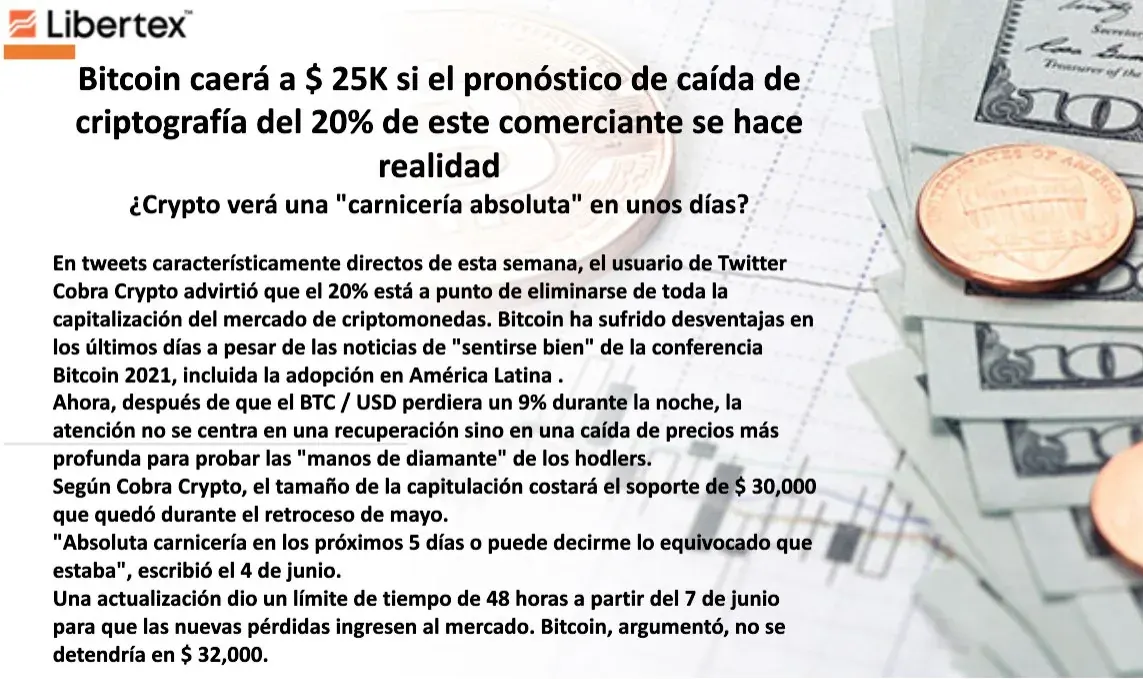 Noticia sobre pronóstico de caída del precio de Bitcoin y advertencias de riesgo en el mercado cripto