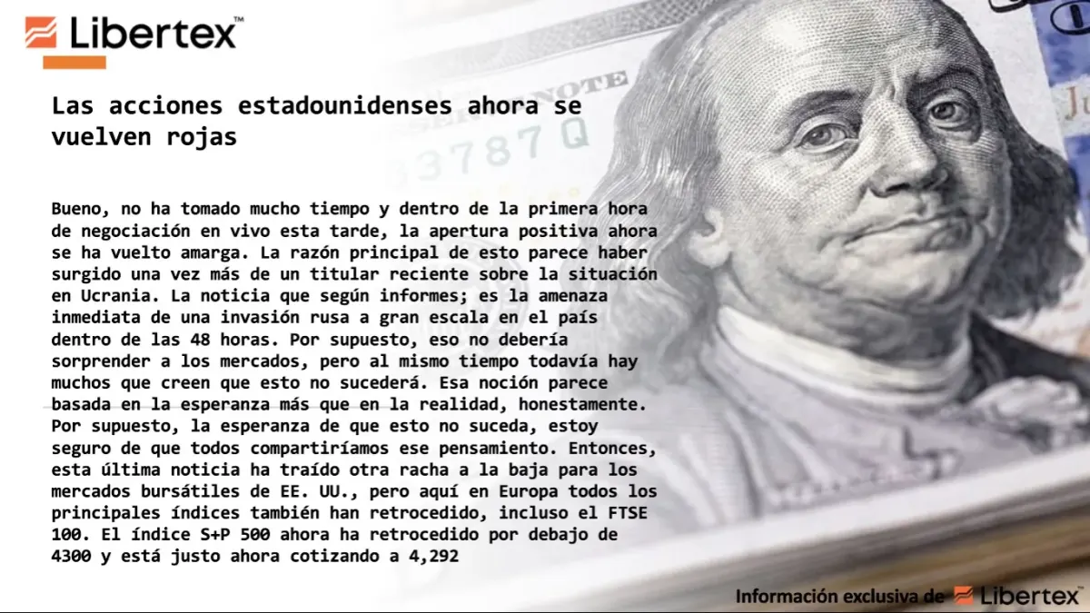 Captura de pantalla de Libertex con análisis sobre caída de acciones estadounidenses y efecto de la crisis en Ucrania