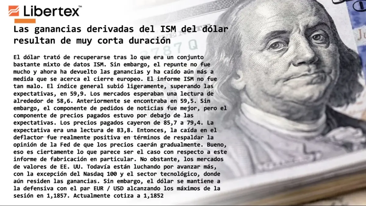 Pantalla con texto sobre análisis del dólar y datos del ISM en la plataforma de Libertex Pantalla con texto sobre análisis del dólar y datos del ISM en la plataforma de Libertex
