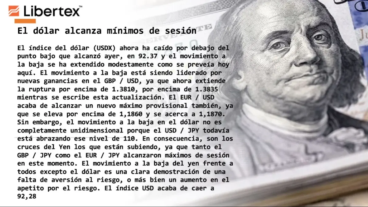 Pantalla con gráfico y texto sobre el dólar y pares de divisas en una plataforma de trading, representando costos y movimientos del mercado