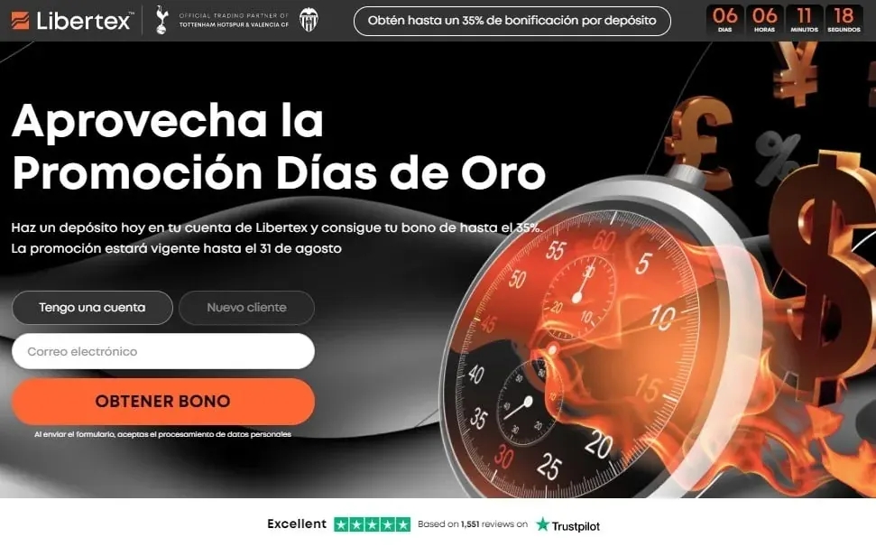 Captura de pantalla de una promoción de Libertex con texto legal sobre procesamiento de datos personales